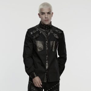 Men's Punk Eyelet Rivet Buckle-up Strap Stand Collar Shirt