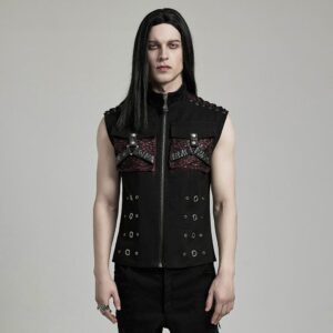 Men's Punk Faux Leather Big-pocket Black Red Vest