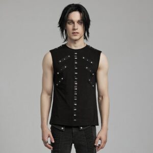 Men's Punk Mesh Splice Nailed Straps Tank Top