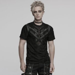Men's Punk Ripped Mesh Splice Strap T-shirt