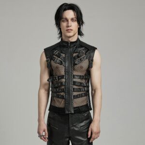 Men's Punk Rock Multi-buckles Mesh Splice Faux Leather Vest