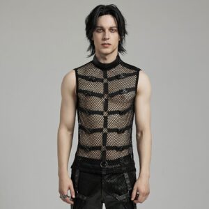 Men's Punk Rock Stand Collar Buckle Straps Mesh Tank Top
