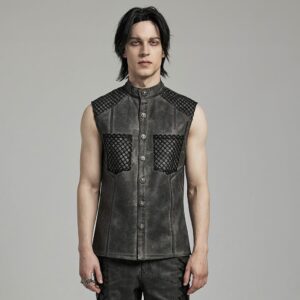 Men's Punk Rock Stand Collar Mesh Splice Black Grey Vest