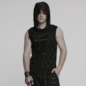 Men's Punk Ruched Ripped Hooded Vest