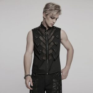 Men's Punk Stand Collar Mesh Splice Studded Vest