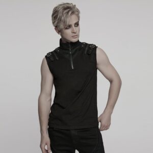 Men's Punk Stand Collar Mesh Splice Zipper Vest