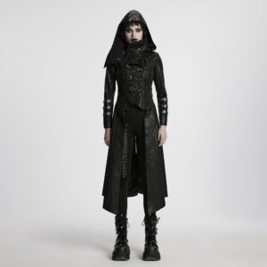 Women's Gothic Black Stretch Twill Fabric Chef Faux Leather Coat