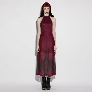 Women's Gothic Church Skull Printed Cross Halterneck Dress Graduation Dress