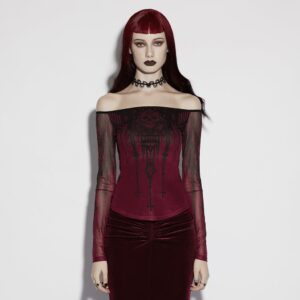 Women's Gothic Church Skull Printed Off Shoulder Mesh Top
