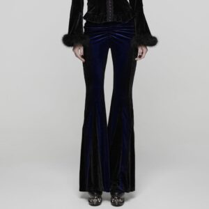 Women's Gothic Contrast Color Drawstring Velvet Flared Pants Blue