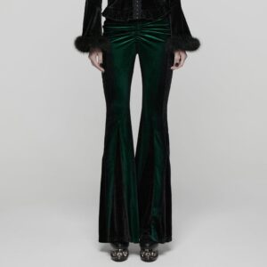 Women's Gothic Contrast Color Drawstring Velvet Flared Pants Green