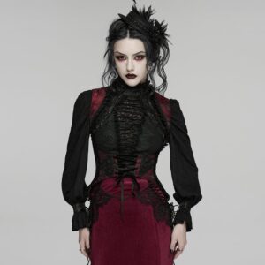 Women's Gothic Embroidered Jacquard Lace-up Vest Black-Red