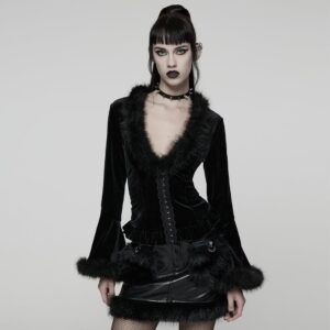 Women's Gothic Faux Fur Splice V-neck Lace-up Cardigan