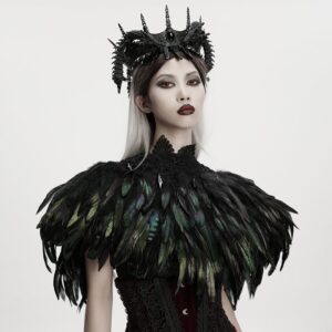 Women's Gothic Floral Crochet Feather Cape Black