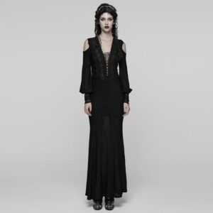 Women's Gothic Floral Crochet Plunging Off-shoulder Lantern Sleeved Dress Wedding Dress