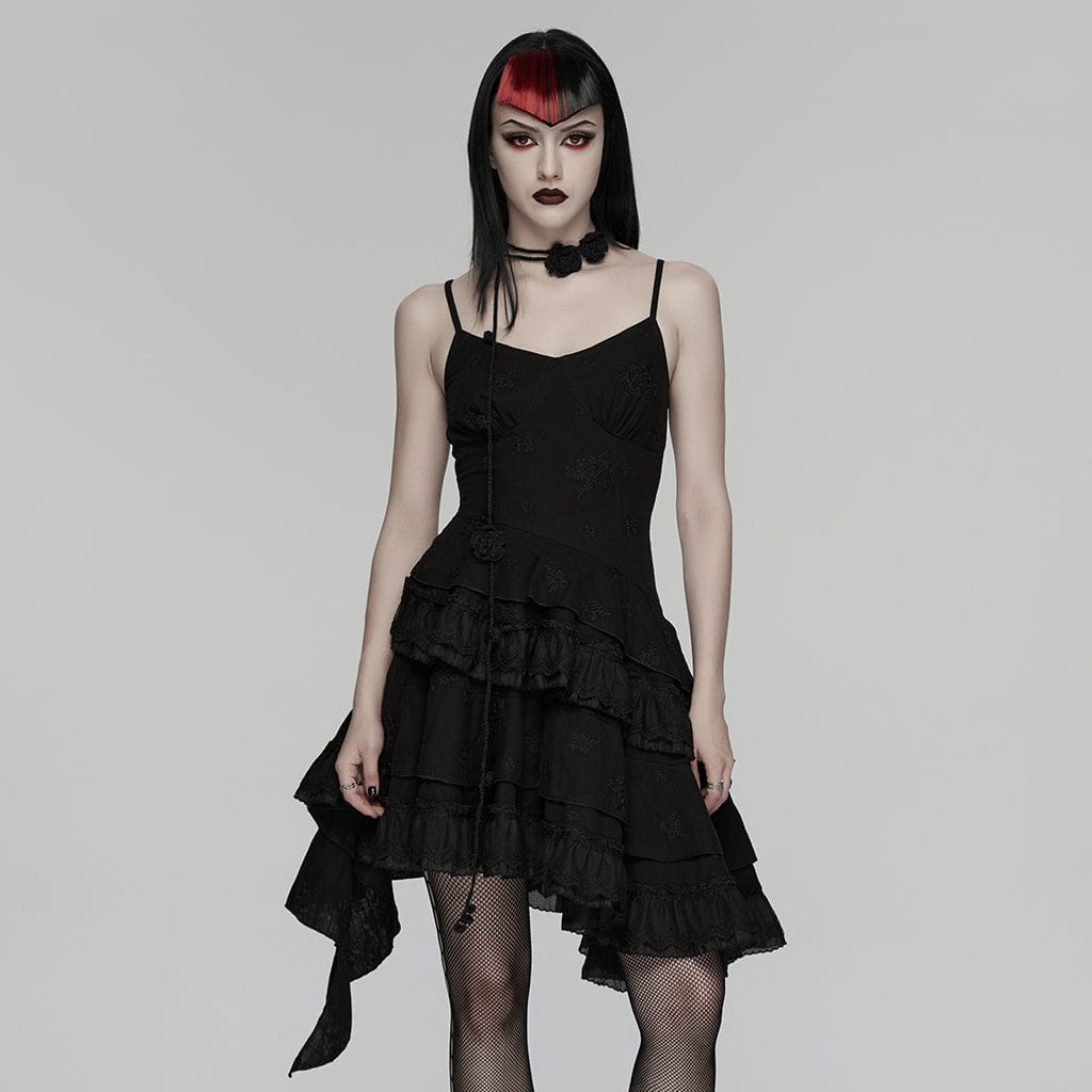 Women's Gothic Floral Embroidered Asymmetric Slip Dress