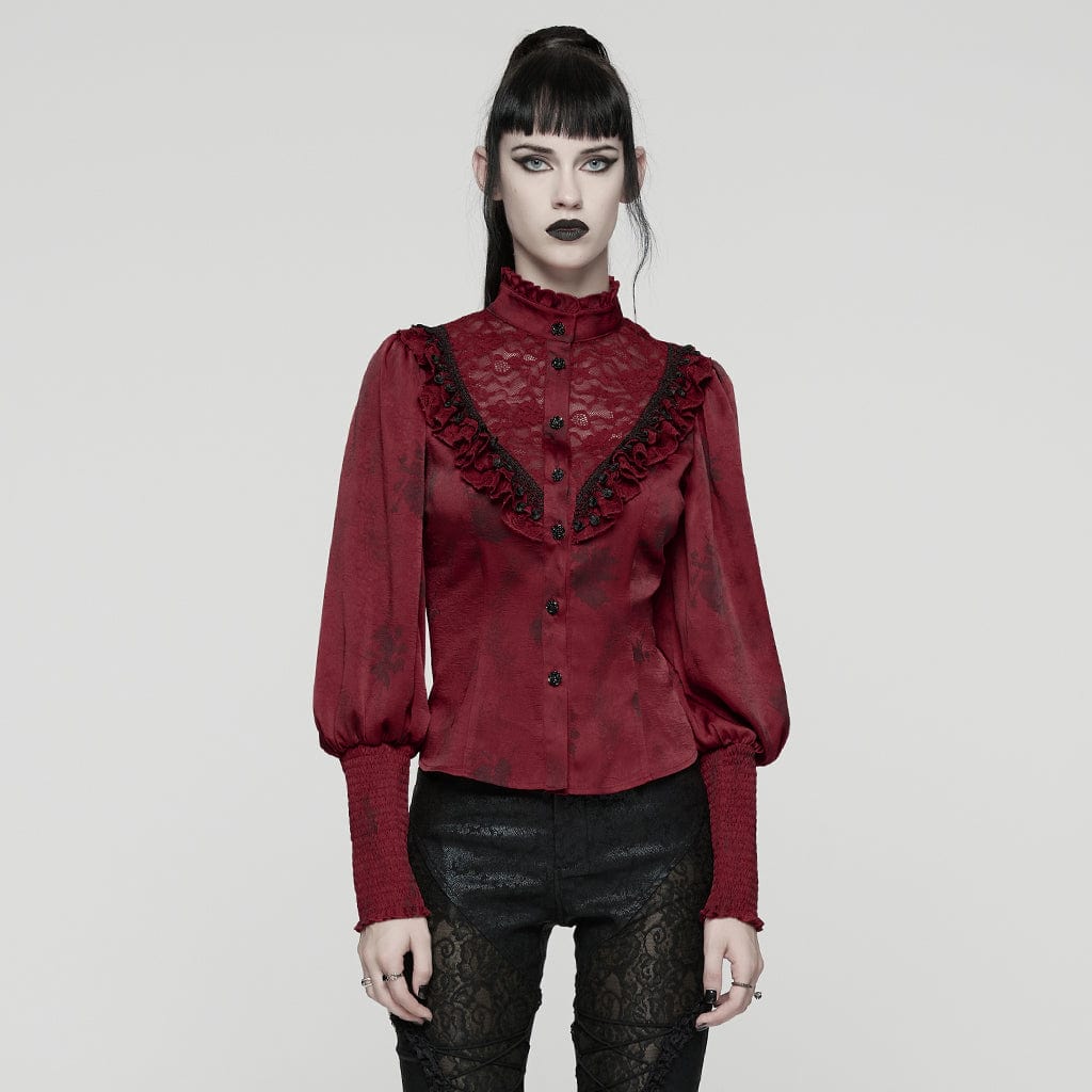 Women’s Gothic Lace Splice Puff Sleeved Ruffle Shirt Red