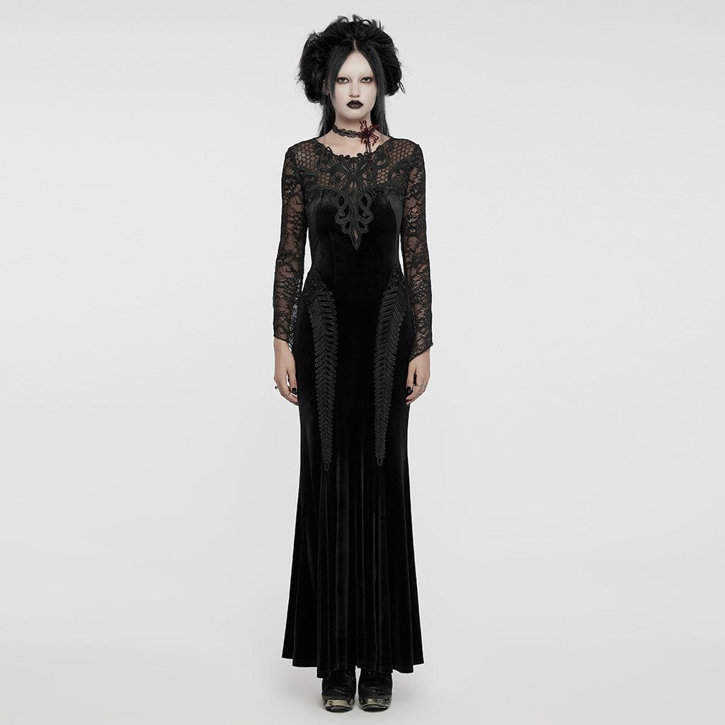 Women’s Gothic Lace Splice Velvet Fishtailed Prom Dress Black