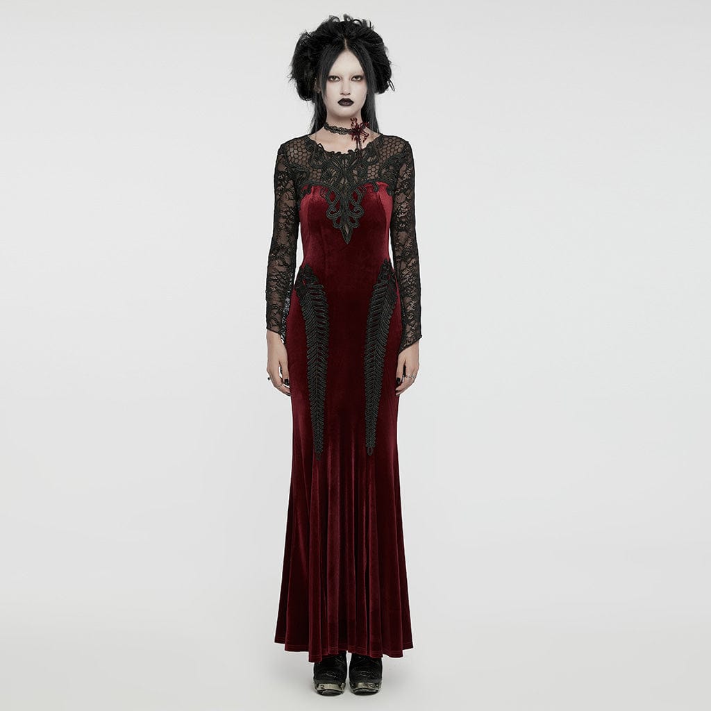 Women’s Gothic Lace Splice Velvet Fishtailed Prom Dress Red