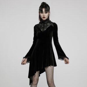 Women's Gothic Lace Stand Collar Irregular Hem Velvet Dress