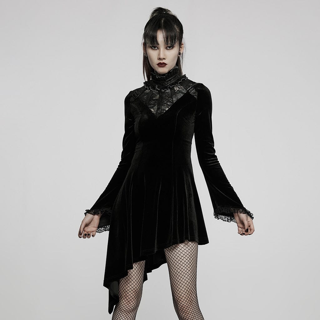 Women’s Gothic Lace Stand Collar Irregular Hem Velvet Dress