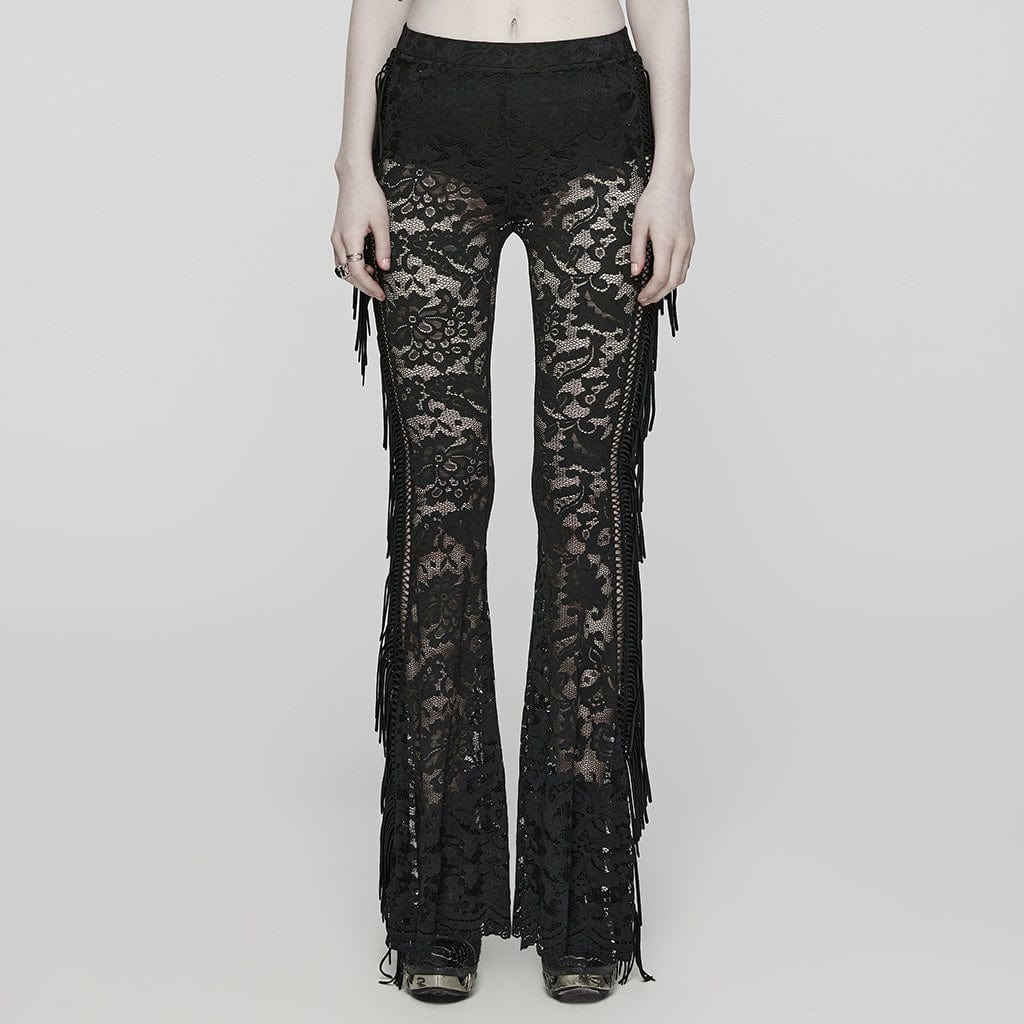Women’s Gothic Lace Tassels Flared Pants Black