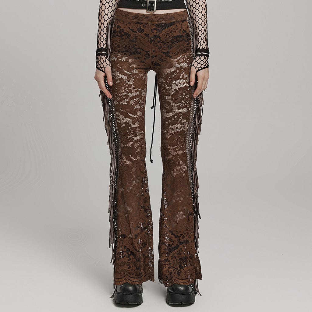 Women’s Gothic Lace Tassels Flared Pants Coffee