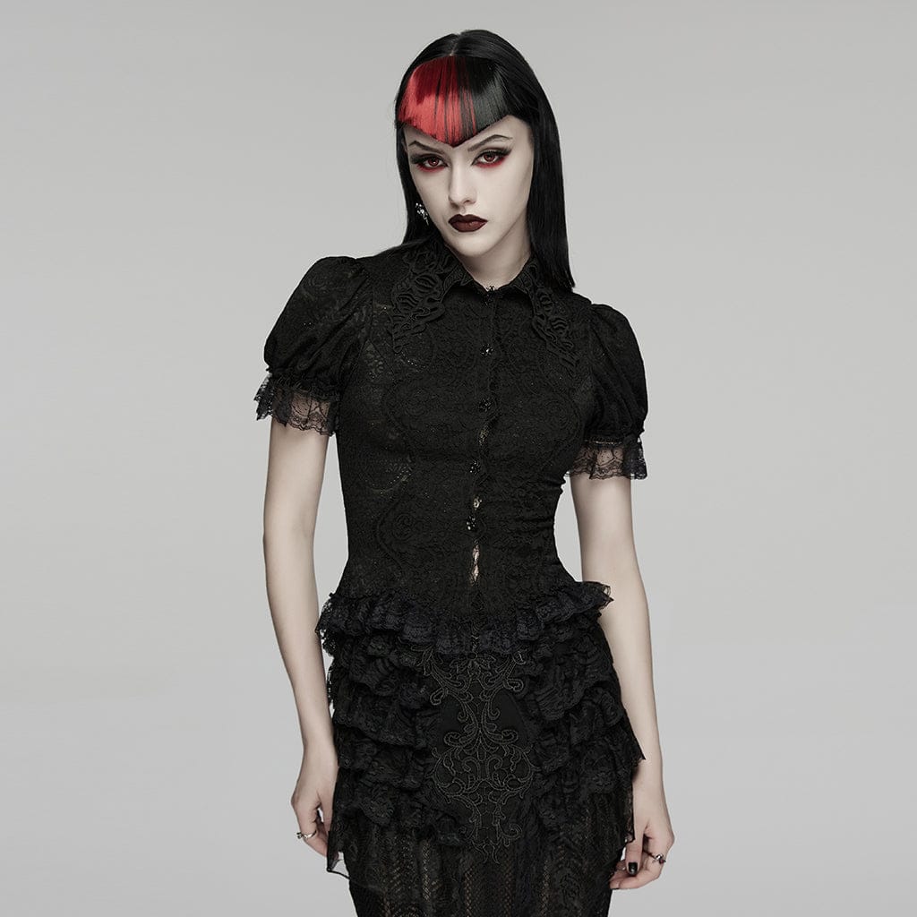 Women’s Gothic Lace Turn-down Collar Puff Short Sleeved Shirt