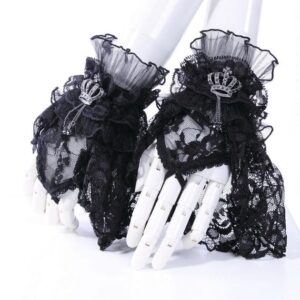 Women's Gothic Crown Half-finger Ruffled Lace Gloves Black