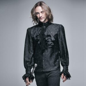 Men's Goth Style Self Design Shirt with Jabot