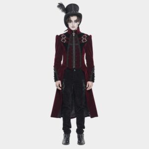 Men's Gothic Beaded Trim Buckle Strap Zip Jacket Red