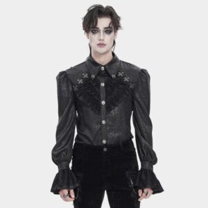 Men's Gothic Cross Spider Turn-down Collar Bishop Sleeved Shirt Black