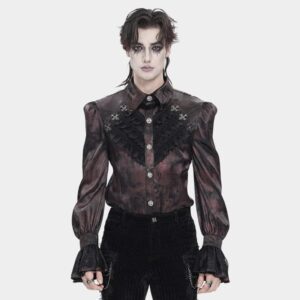 Men's Gothic Cross Spider Turn-down Collar Bishop Sleeved Shirt Red