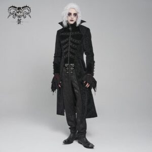 Men's Gothic Floral Printed Diamante Stand Collar Coat Black