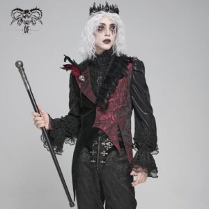 Men's Gothic Irregular Rose Printed Contrast Color Waistcoat with Detachable Feather Accessory