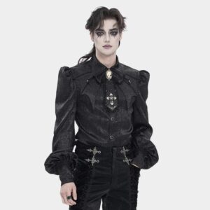 Men's Gothic Jacquard Batwing Shoulder Flap Shirt with Necktie Black
