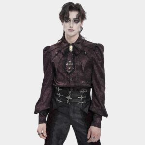 Men's Gothic Jacquard Batwing Shoulder Flap Shirt with Necktie Red