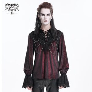Men's  Gothic Lace-up Chain Lace Shirt Wine Red