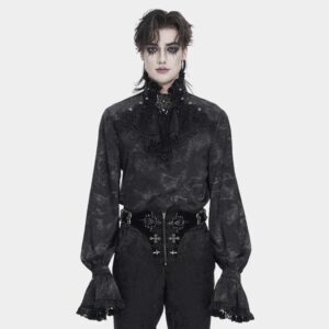 Men's Gothic Marble Printed Bishop Sleeved Shirt Black