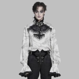 Men's Gothic Marble Printed Bishop Sleeved Shirt White