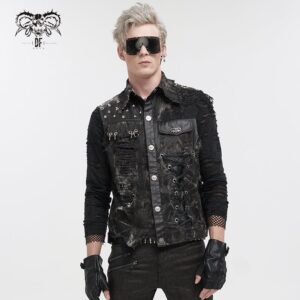 Men's Gothic Mesh Splice Rivet Distressed Wasitcoat