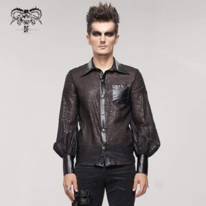 Men's Gothic Puff Sleeved Faux Leather Splice Shirt