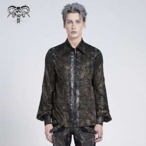 Men's Gothic Puff Sleeved Faux Leather Splice Shirt with Chain