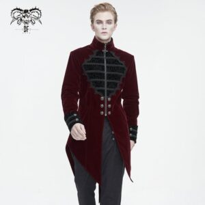 Men's Gothic Stand Collar Lace Splice Swallow-tailed Coat Red