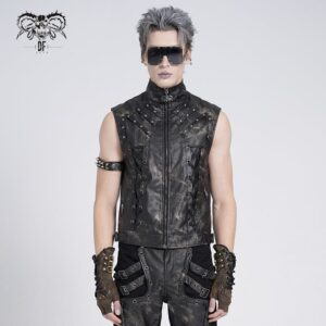 Men's Gothic Stand Collar Strappy Splice Waistcoat