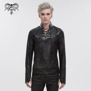 Men's Gothic Strappy Stand Collar Faux Leather Splice Shirt