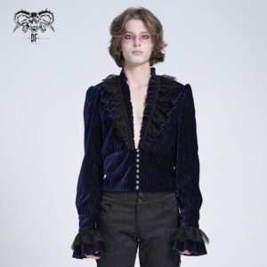 Men's Gothic V-neck Ruffled Lace Splice Shirt Blue