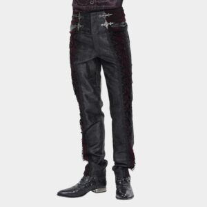 Men's Gothic Velvet Splice Lace-up Cross Pants Black-Red