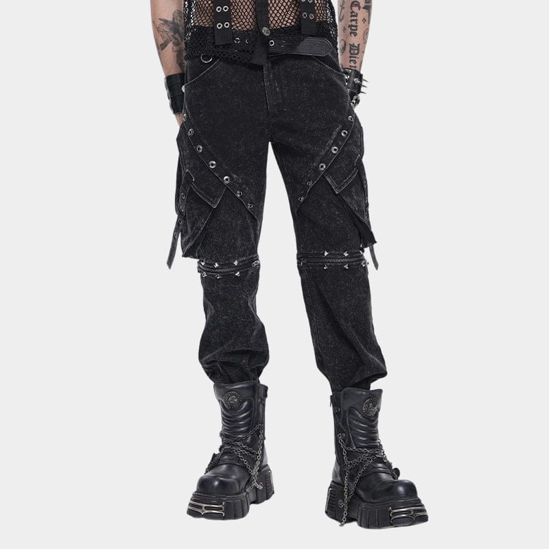 Men’s Punk Big Pockets Eyelets Rivets Pants with Detachable Legs