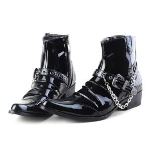 Men's Buckle Strap Chain Faux Leather Side Zipper Shoes Pointed Toe Boots